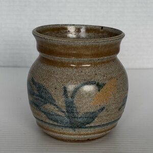 Artist Signed Studio Pottery Vase Pot Brown Teal Yellow Stripes 4x3.5”